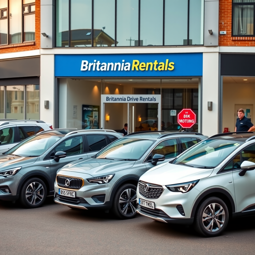 Modern fleet of rental cars including economy, luxury, and SUV vehicles parked in front of Britannia Drive Rentals office in Manchester city center