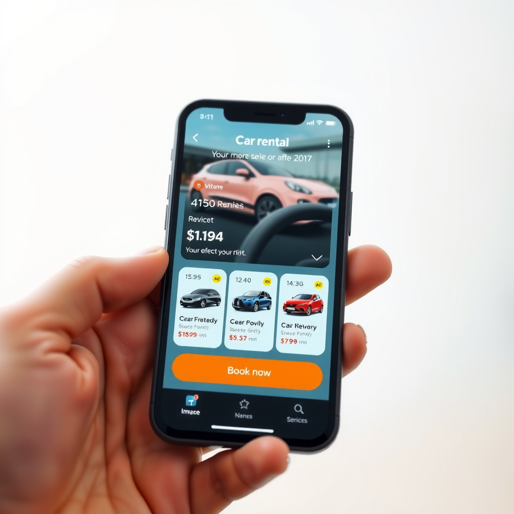 Modern smartphone displaying a sleek car rental mobile application interface with vehicle selection screen, showing various car models with real-time availability indicators, pricing information, and a prominent booking button in vibrant orange