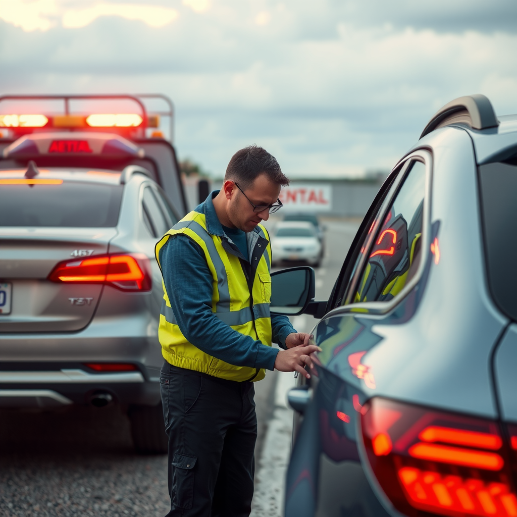 Professional roadside assistance technician helping a customer with their rental car on the side of a highway, with a tow truck in the background and emergency lights flashing