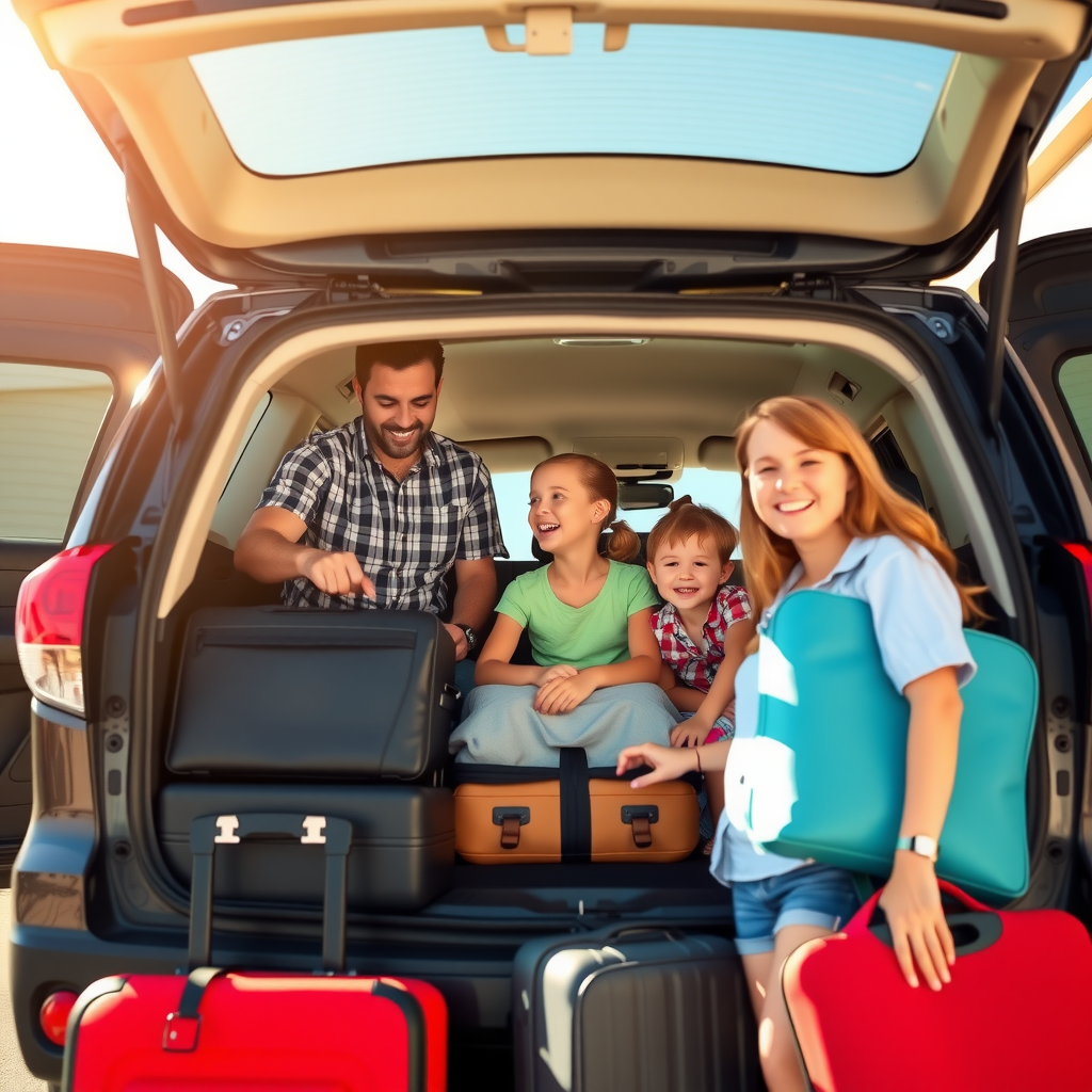 Happy family loading luggage into a spacious rental SUV, with children excited about their vacation, parents organizing travel bags, sunny summer day at rental location