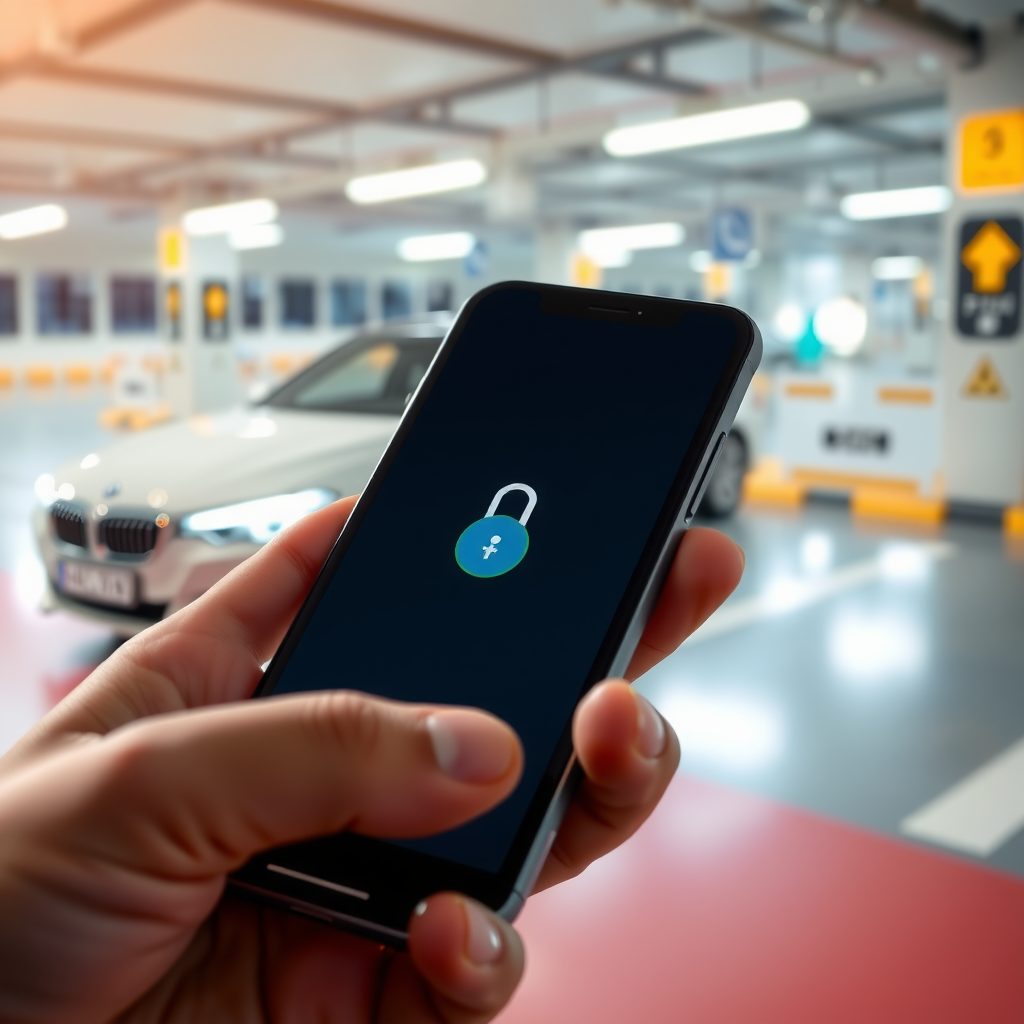 Close-up of a smartphone screen showing digital key interface with unlock button, displaying a modern sedan in the background at an airport parking facility, illustrating contactless vehicle access technology