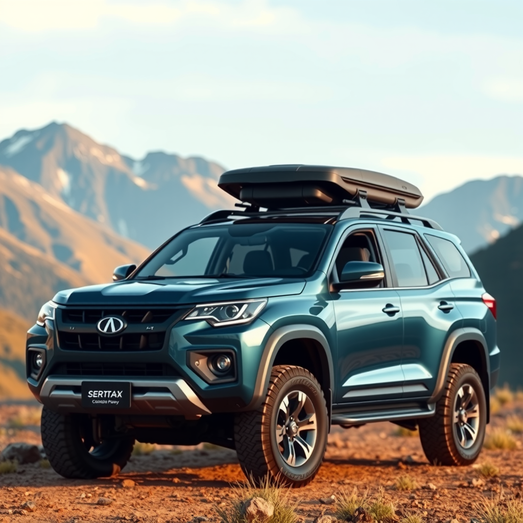Spacious modern SUV in dark blue color with elevated ground clearance, large cargo area, and robust design, ideal for family trips and outdoor adventures, shown in mountain landscape
