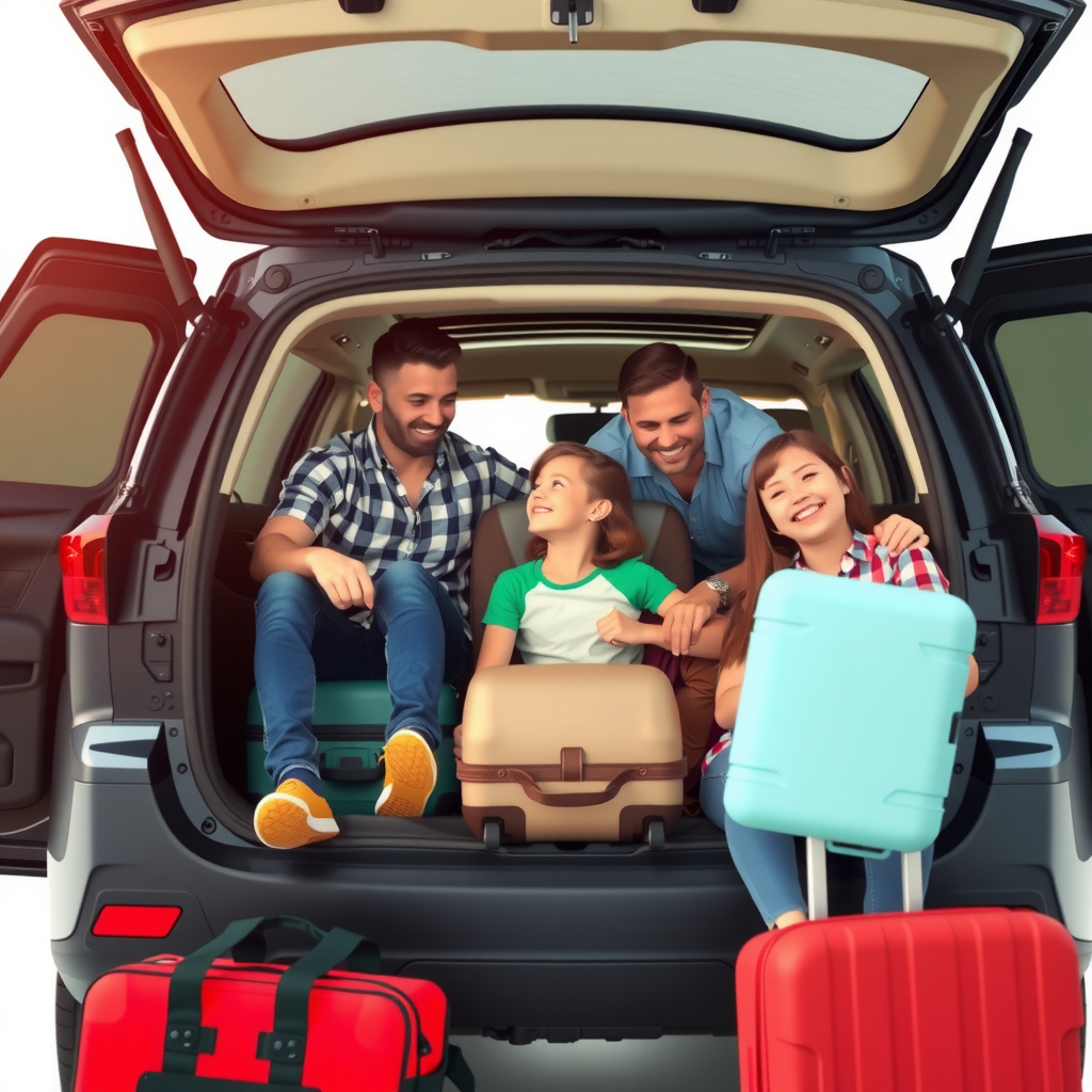 Happy family of four loading luggage into spacious SUV rental car, ideal for vacation trips and weekend getaways with children