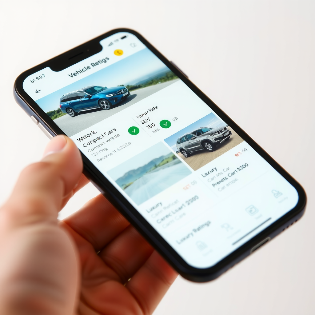 Mobile app screen displaying side-by-side comparison of different vehicle rental rates, showing compact cars, SUVs, and luxury vehicles with pricing details, mileage options, and customer ratings