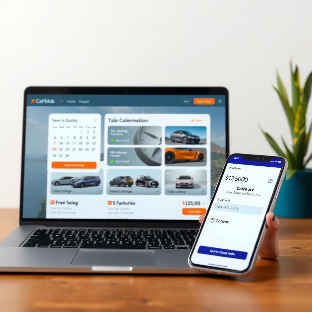 Modern laptop and smartphone displaying user-friendly online booking interface with calendar, vehicle selection options, and instant confirmation system for easy car rental reservations
