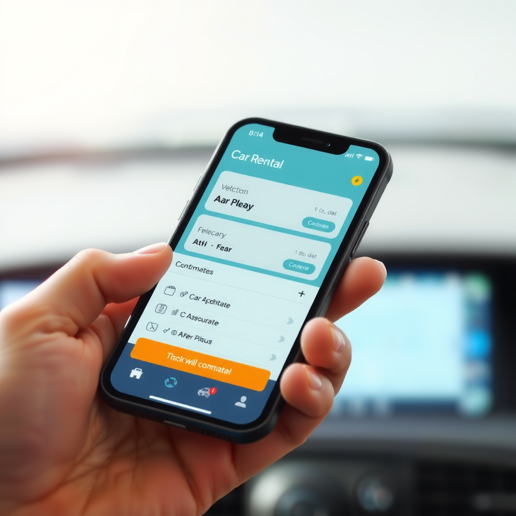Modern smartphone displaying user-friendly car rental booking app interface with vehicle selection options, calendar for dates, and easy booking confirmation, representing digital transformation in car hire