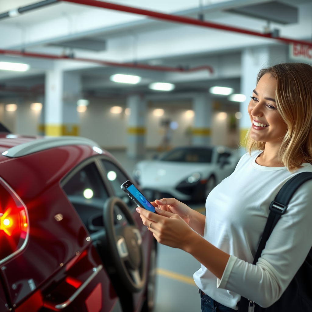 Happy customer using smartphone to unlock a rental car in a modern parking facility, with the vehicle's lights illuminating to indicate successful digital key connection, showcasing seamless technology integration