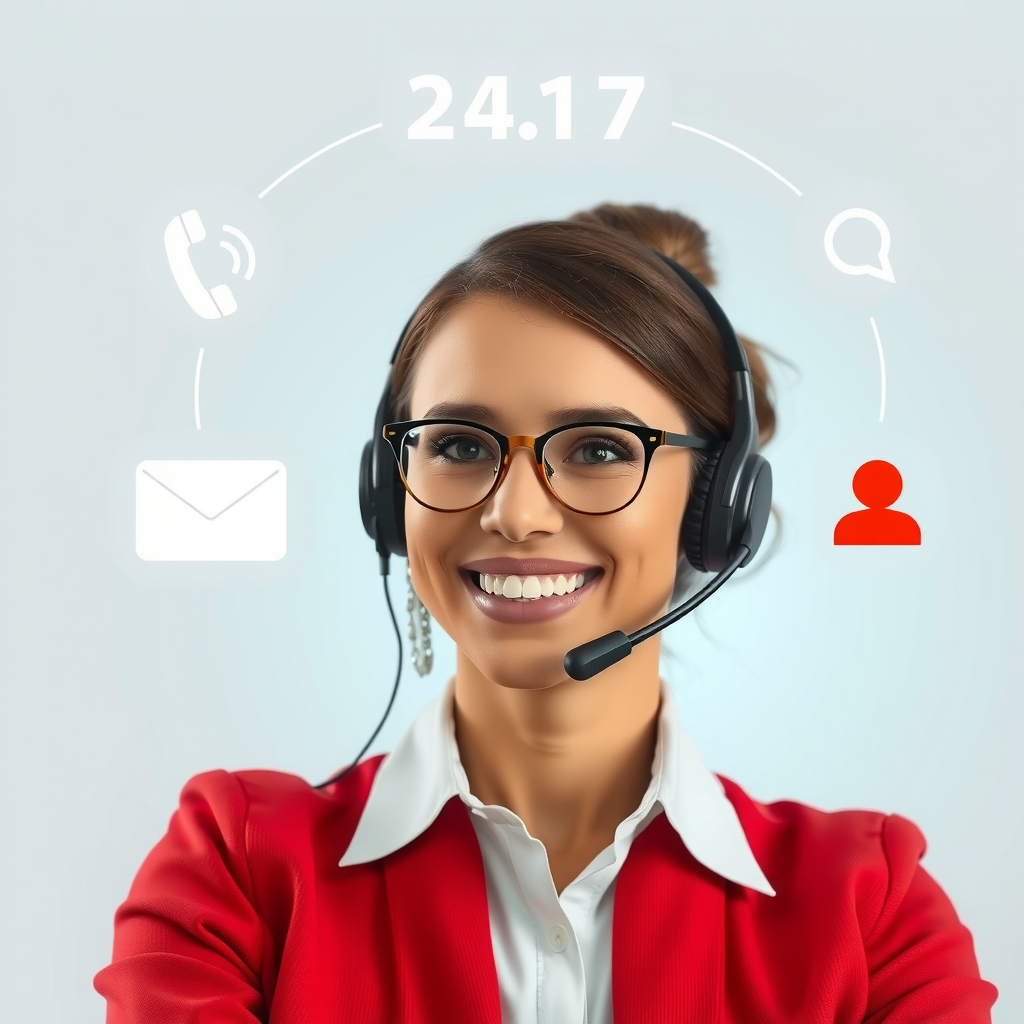 Friendly customer service representative with headset providing 24/7 assistance, surrounded by communication icons representing phone, email, and live chat support channels for rental customers