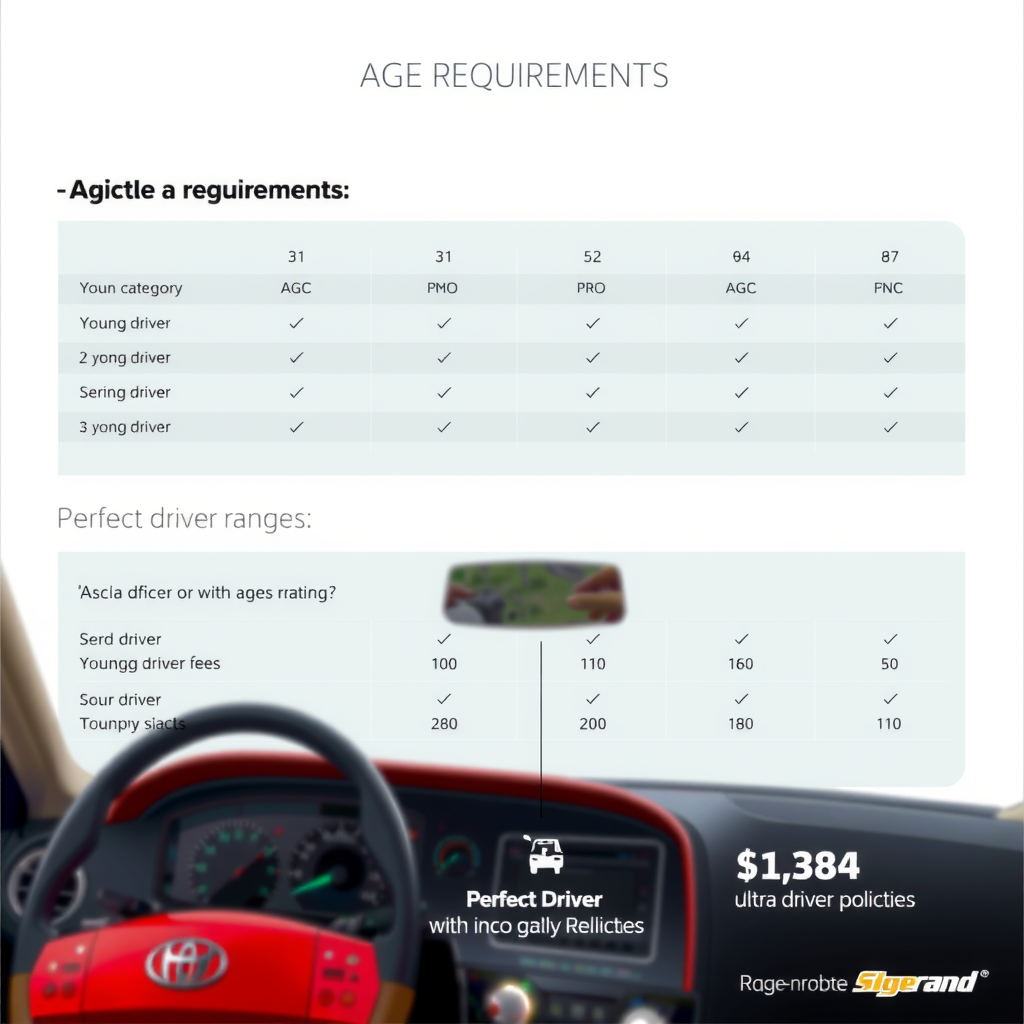 Infographic displaying age requirements for different vehicle categories, young driver fees, and senior driver policies with clear icons and age ranges