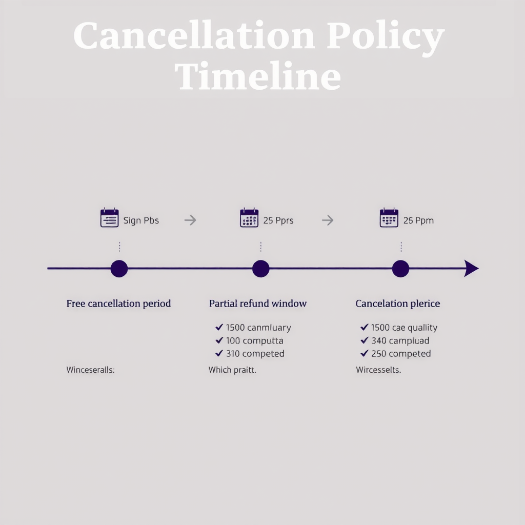 Visual representation of cancellation policy timeline showing free cancellation period, partial refund window, and cancellation fees with calendar icons and clear timeframes