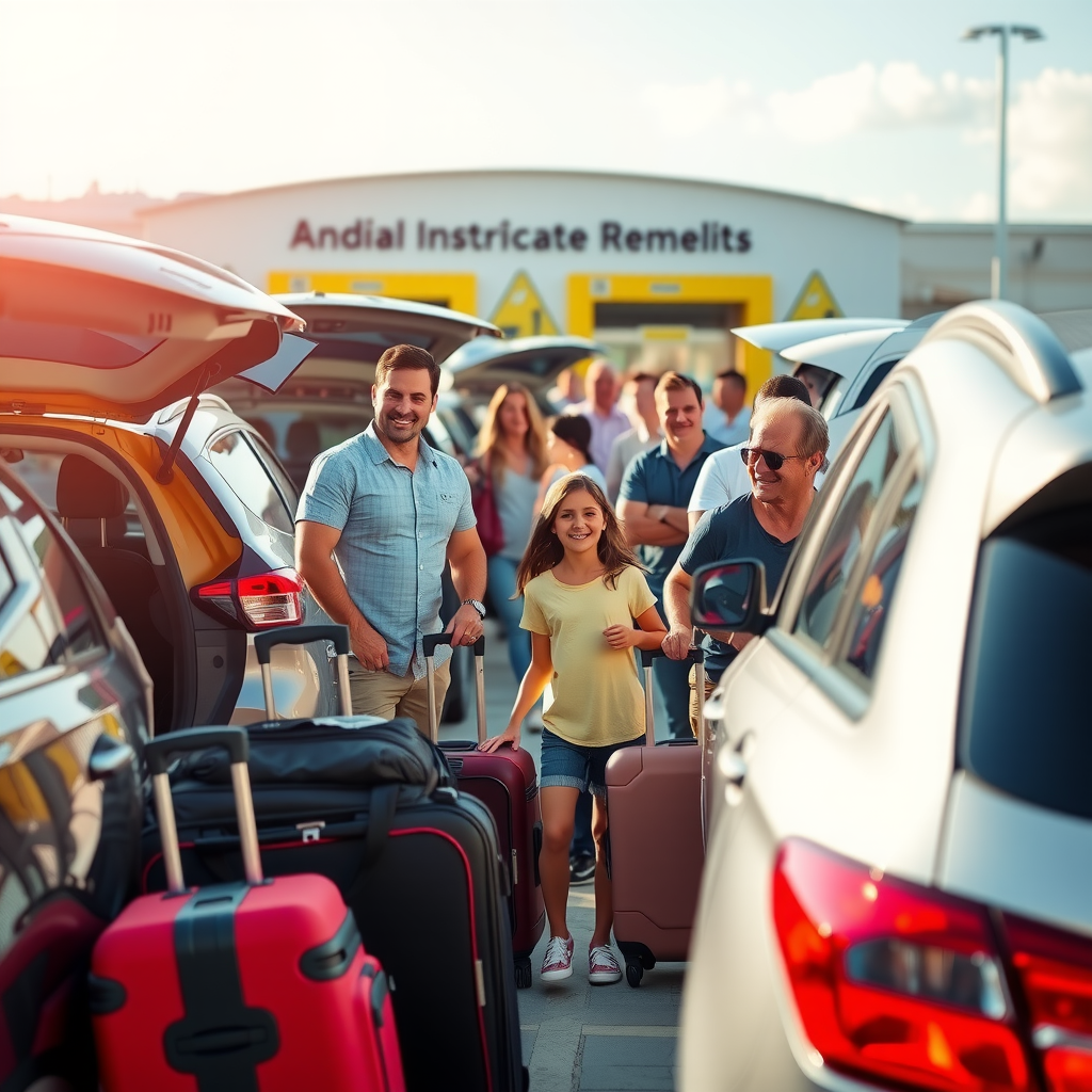 Busy car rental location with families loading luggage into various rental vehicles during summer season, vacation atmosphere, sunny weather, people smiling and preparing for road trips